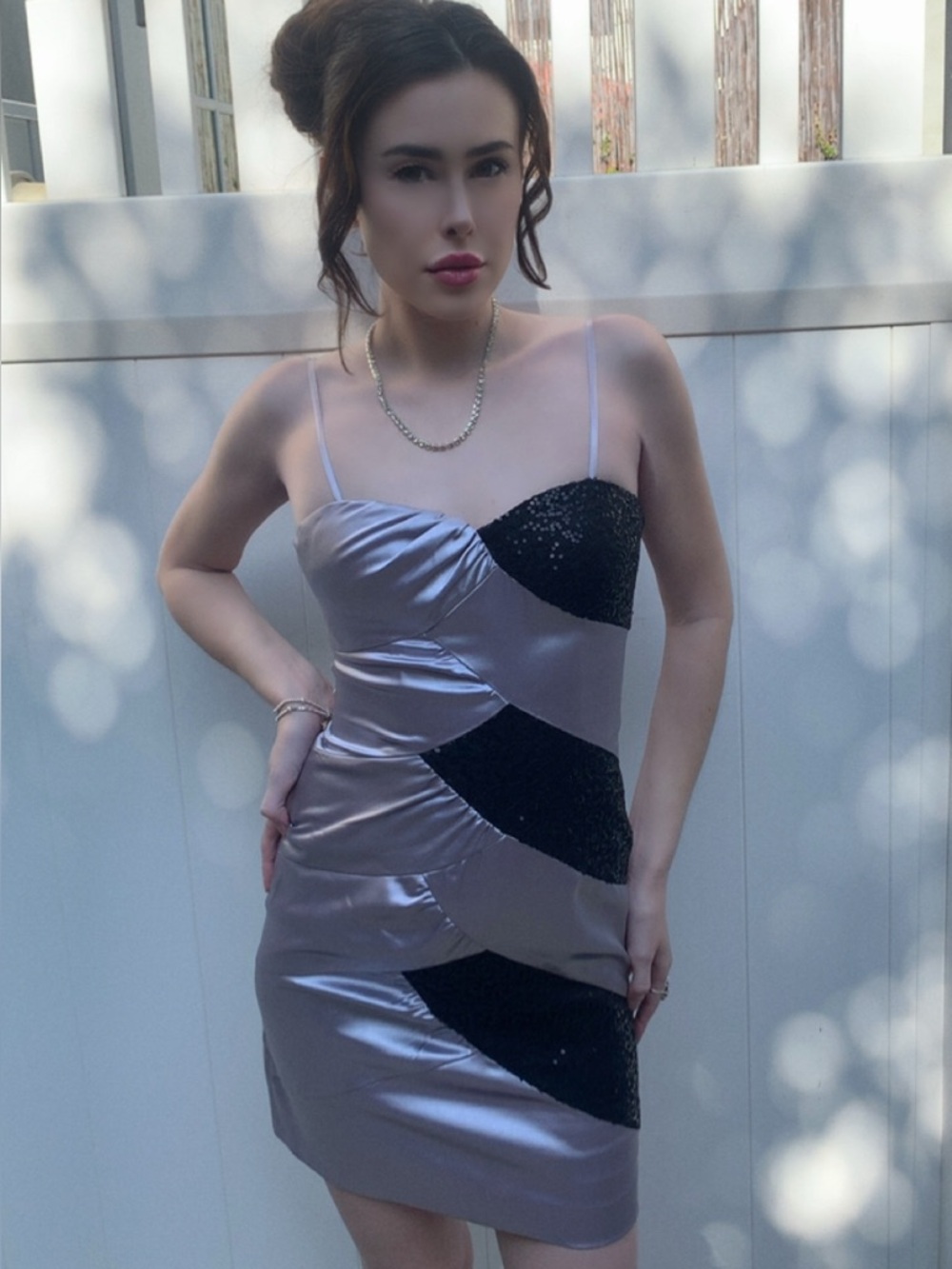Hailey Logan Silver Satin Mini Dress with Black Sequin Insets
